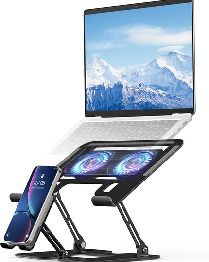Laptop Stand with Fan, MacBook Cooling Stand with 2 Removable Silent Fans and Phone Holder,Adjustable Height and Angle,Laptop Cooling Pad for 10-18 Inch Laptop,MacBook Pro,Tablet (Black)