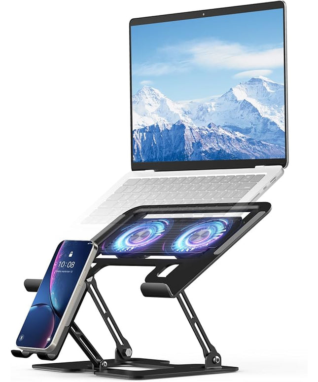 Laptop Stand with Fan, MacBook Cooling Stand with 2 Removable Silent Fans and Phone Holder,Adjustable Height and Angle,Laptop Cooling Pad for 10-18 Inch Laptop,MacBook Pro,Tablet (Black)