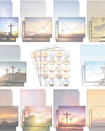 TaoBary 160 Pcs Stationery Paper Set 50 Double Sided Stationery Papers with 50 Matching Envelopes and 60 Round Dot Sticker, 10 Design(Religious Letter with Cross,5.5 x 8.25 Inch)
