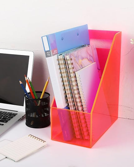 Acrylic Magazine Rack Desk File Holder Organizer for Office Desktop Vertical Magazine Storage Box, 12 x 10 x 5'', Neon Pink