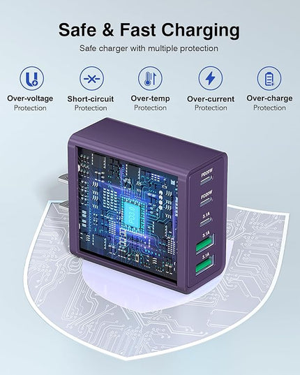 [2Pack] 60W USB C Plug,5-Port Fast Charger Block PD+QC Cube Wall Charging Box Brick for iPhone 17/16/15/14/13 for Samsung Galaxy S25/S24/S23/S22/S21+/S21 Ultra, Magsafe Wireless Charger,(Purple)