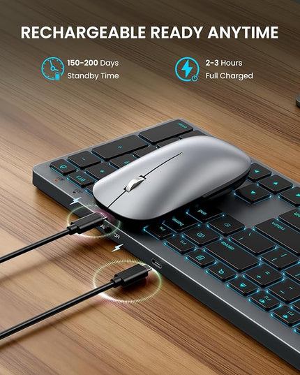 SABLUTE Bluetooth Keyboard and Mouse for Mac — 7-Color Backlit, Multi-Device, Rechargeable, Full-Size Wireless Keyboard Mouse Combo with Quiet Scissor-Switch Keys & Tilt Legs for Mac (Space Gray)