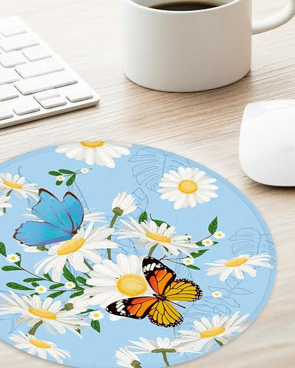 Butterfly and Flowers Round Mouse Pad,Non-Slip Rubber Base Desk Accessory,8.7 Inch Round