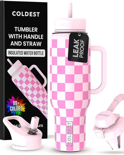 Coldest Tumbler with Handle and Straw - 100% Leak Proof Insulated Tumbler with Lid and Straw (3 Lids) - Stainless Steel Tumblers for Women & Men - Cup Holder Friendly Base, 46 oz (Pink Checkers)