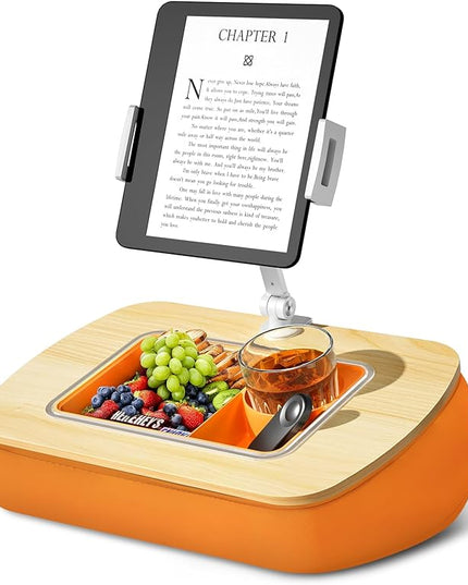 Tablet Pillow Stand for Lap Use with Snack Bowl and 360° Rotating Arm, Adjustable iPad Holder for Bed, Couch, and Recliner, Compatible with 4.7"-13" Kindle, iPad, Tablet, Phone,Orange