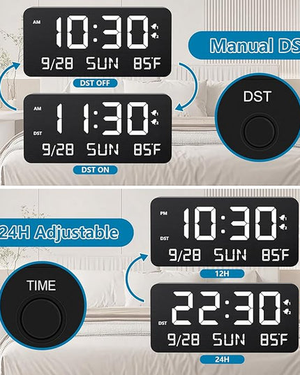 Fomobest Wooden Digital Alarm Clock for Bedroom - Desk Clock with Date, Day of Week, Temperature, Dual Alarms, Dimmer, USB Port Charge, DST, Adjustable Volume for Living Room/Office Wood Decor (Black)