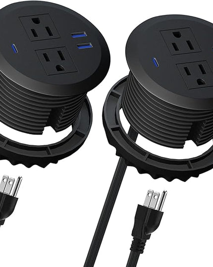 2PCS 3 Inch Desktop Power Grommet,10ft Cord,20W USB C Fast Charging Station,3-USB Port,Flush Mount.Round Recessed Power Strip Desk Hole Grommet Outlet for Workspace,Sofa,Black