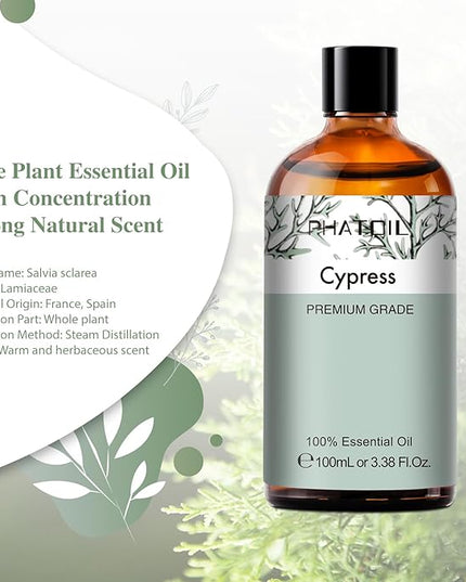 Cypress 3.38fl.oz Essential Oil, PHATOIL Aromatherapy Essential Oils for Diffuser, Humidifier, Perfect for DIY Soap, Candle, Bath Bombs Making(100ml)