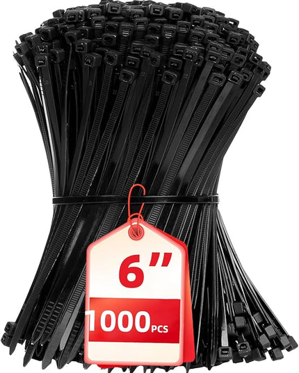 Zip Ties 6 inch, 1000 Pack Black Zip Ties, Self-Locking Nylon Cable Ties with 40 lbs Tensile Strength,Wire Ties for indoor and outdoor use.