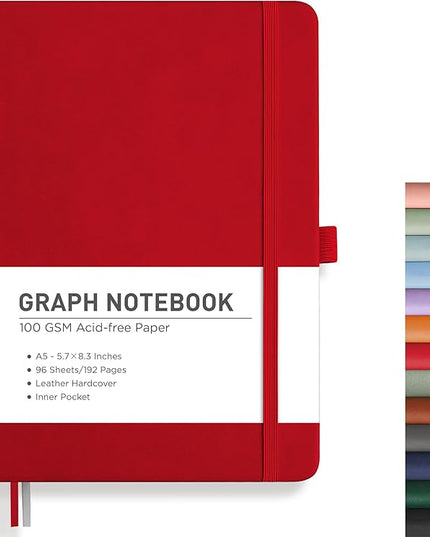 RETTACY Graph Grid Paper Notebook, 192 Pages, A5 Medium Size (5.7'' x 8.3''), 5 Squares per Inch, Leather Hardcover, 100 GSM Thick Paper, for School, Students, Math, Engineering (Red)
