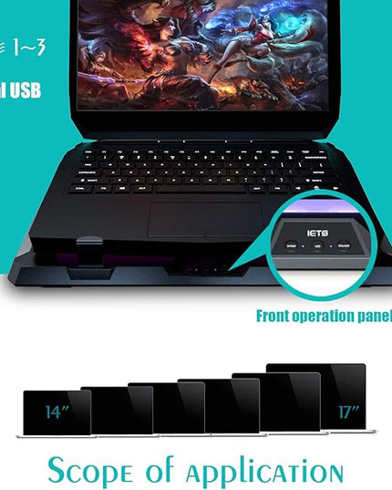 IETS GT300 Double Blower Laptop Cooling Pad for 14-17 Inch Gaming Laptop, Cooler Pad with Dust Filter, Flexible Rubber Ring, Colorful Lights,Adjustable Mount Stand,Third Gear Speed