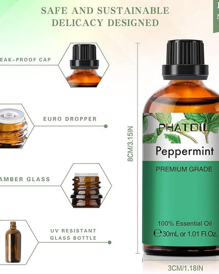 Peppermint Essential Oil, 1.01Fl.Oz (30ML) PHATOIL Pure Essential Oil Singles for Aromatherapy Diffusers, Humidifiers, Great for DIY Candle and Soap Making, Gift for Friend