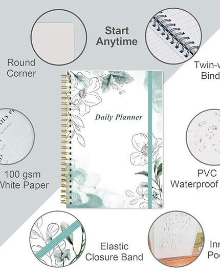 Daily Planner Undated - A5 To Do List Notebook Hourly Schedules, Spiral Appointment Planner for Women and Men, PVC Hardcover, Inner Pocket, Elastic Closure, 5.8" x 8.3", Teal Flowers