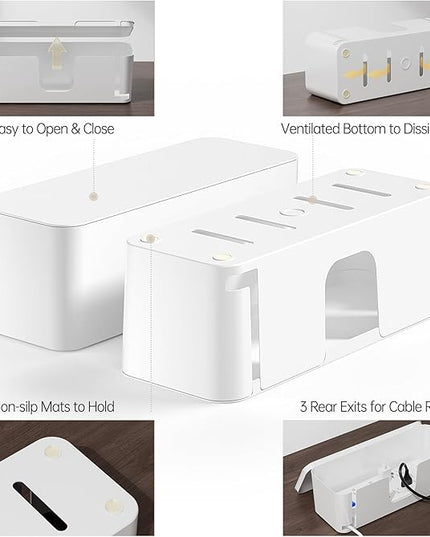 YECAYE 2 Pack Cable Management Box, Pet Friendly Cord Organizer Box for Home & Office, Child-Proof Cable and Power Strip Protector Box, Wire Hider and Cord Organizer for Desk, White