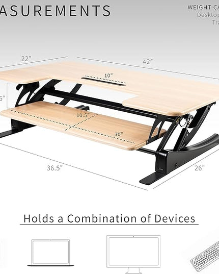 VIVO 42 inch Height Adjustable Stand Up Desk Converter, V Series, Quick Sit to Stand Tabletop Dual Monitor Riser Workstation, Light Wood Top, Black Frame, DESK-V000VLO