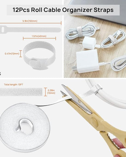 193 PCS Cable Management Kit - 4 Cable Sleeve, 57 Self Adhesive Cable Clips, 12 Hanging Strips, 12 Cable Organizer Straps and 100 Fastening Cable Ties for TV Computer Under Desk (White)