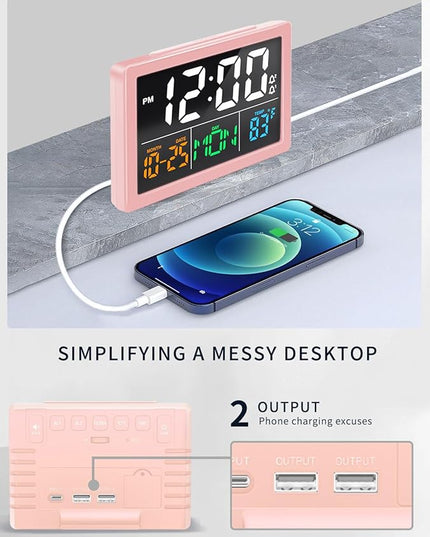 Digital Alarm Clock, with 5.5" Large LED Time Display, Adjustable Alarm Volume, 6 Level Brightness, Alarm Settings, USB Charger, Temperature Detect, Snooze, Clocks for Bedroom, Bedside, Desk, Pink