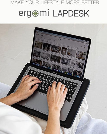 ergomi Lap Desk with Soft Cushion and Wrist Rest – Portable Laptop Desk for Bed, Couch & Home Office, PU Surface Tray with Handle for 15.6 inch Laptop (Medium, Black)