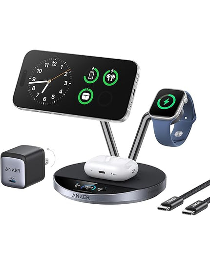 Anker Prime MagSafe Charger Compatible, 3-in-1 Charging Station, Qi2 25W Certified Wireless Charger Dock Stand, Smart Display with TEC Active Cooling, for iPhone 17, Apple Watch, AirPods, and More