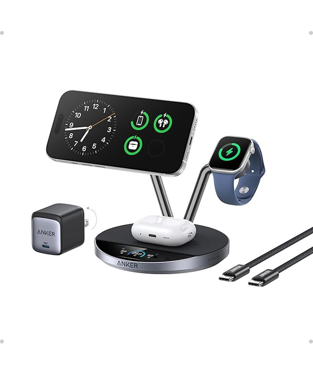 Anker Prime MagSafe Charger Compatible, 3-in-1 Charging Station, Qi2 25W Certified Wireless Charger Dock Stand, Smart Display with TEC Active Cooling, for iPhone 17, Apple Watch, AirPods, and More