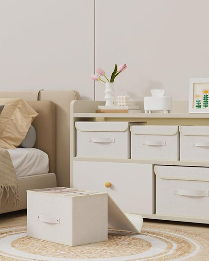 Storage Boxes, Collapsible Storage Bins with Lids, Cotton and linen cloth Storage Baskets with Handle, for Books, Closet, Bedroom, Home, 13x9.1x7.9 in, Beige
