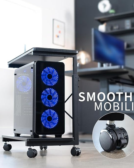 VIVO Large Mobile Adjustable 2-Tier PC Stand, Premium Gaming CPU Computer Tower and Mouse Storage, Rolling Floor Cart, Locking Caster Wheels, Black, CART-PC03P