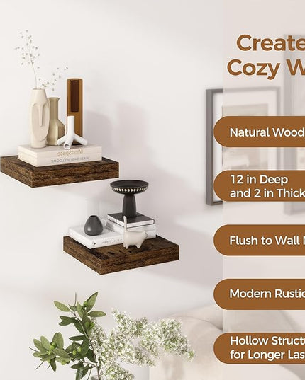 Fun Memories 12 Inch Floating Shelf, Rustic Wood Wall Shelves for Wall Decor & Storage, 12 x 12 Floating Shelf for Living Room, Bathroom, Bedroom, Rustic Brown, Set of 2