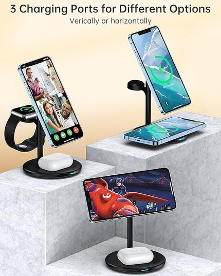 XooFly 3 in 1 Wireless Charging Station for Apple Devices, Fast Wireless Mag-Safe Charger Stand with 20W Adapter for iPhone 17/16 15 14 13 12 Pro Max/Pro/Plus/Air/Mini, iWatch, AirPods (Black)