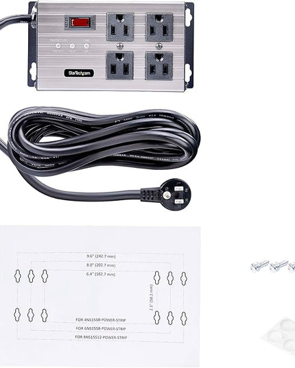 StarTech.com Flat Plug 4-Outlet Heavy Duty Industrial Power Strip 125V/15A with Surge Protector, EMI/RFI Isolation, Mountable PDU, 8ft/2.4m Extension Power Cord, NEMA 5-15P/R, TAA