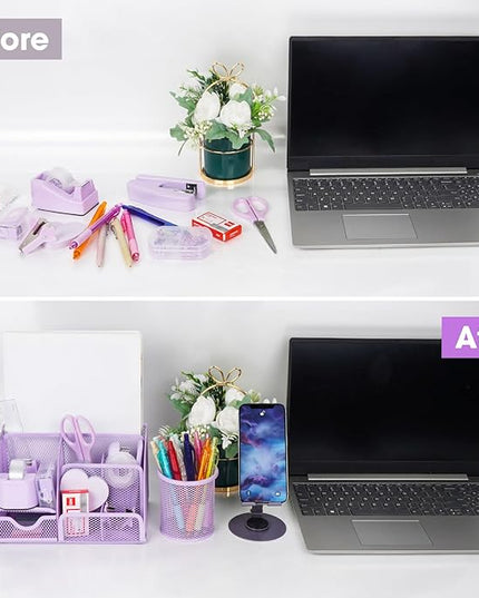 Desk Organizers and Accessories, Office Supplies 15PS Set with Stapler, Staple Remover, Pen Holder, Clips Set, Tape Dispenser, Tape, Phone Holder, 1000 Staples, Ruler, Scissors (Purple)