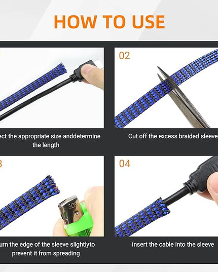 Braided Expandable Cable Sleeve, 25ft PP Cotton and PET Braided Cable Management, Flexible Mesh Wire Loom and Cable Protector for TV, Computer, Home Theater, Automotive (Blue, 1/8")
