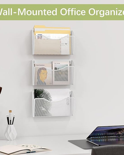EasyPAG 3 Single Pocket Wall File Organizer, Mesh Hanging File Folder Organizer for Letter/A4 Size Folders, Wall Mounted Vertical Mail Holder for Paperwork, Office, Home, School, White