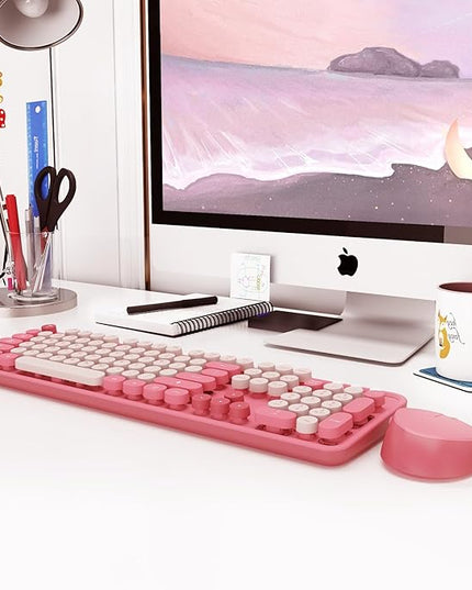 Wireless Keyboard,KOOTOP Cute Colorful 104 Keys Typewriter Retro Round Keycaps Keyboard for PC Laptop,Desktop,Windows, Home and Office Keyboards(Pink)
