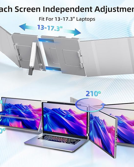 Pitycbo Laptop Screen Extender Monitor Portable - 2.5K Triple Laptop Screen Extender, Plug and Play Multiple Screens Extended Fits 13-17.3 Inch Laptops Compatible with, Windows, Chrome, Dex