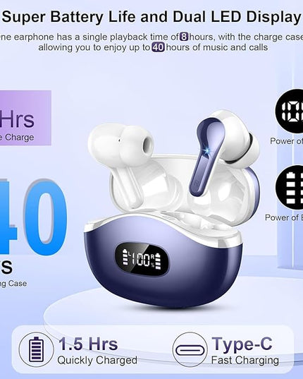 Wireless Earbuds, Bluetooth Headphones 5.4 HiFi Stereo Ear buds with ENC Noise Cancelling Mic, 40H Bluetooth Earbuds with Dual LED Display Charging Case, IP7 Waterproof Earphones for Android iOS, Blue