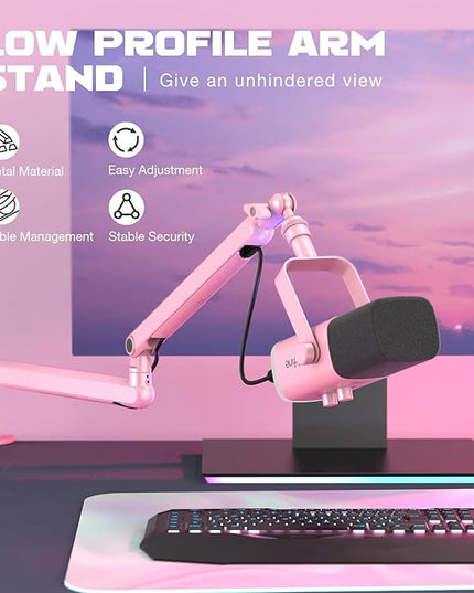 FIFINE Low Profile Boom Arm Mic Stand, Microphone Stand with Cable Management Channel, Desk Clamp, Screw Adapter for Streaming Podcast Recording, Adjustable Metal Mic Boom Arm Pink-BM88P