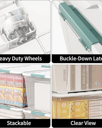 85-Quart Wheeled Latching Storage Box, Clear Stackable Organizer Box, Plastic Storage Bin Container with Latching Lids for Home Garage Organization (4 Pack)