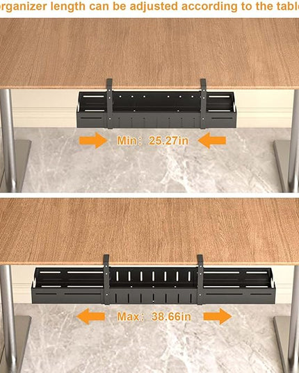 REALINN Under Desk Cable Management Tray Black, Expandable 25.27"-38.66" Sturdy Steel Desk Cord Hider Raceway for Office/Home