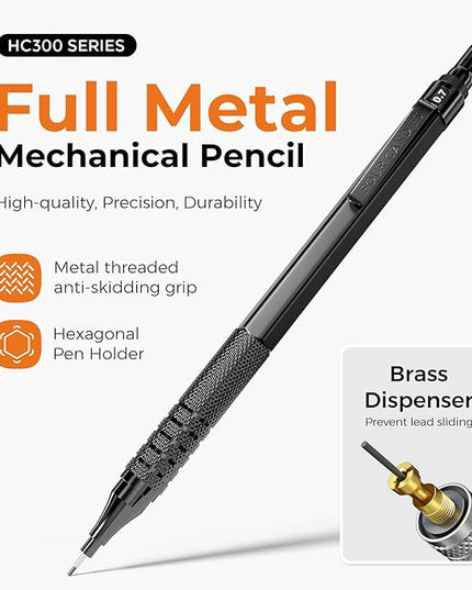 Four Candies 2PCS Metal Mechanical Pencils Set with Case, 0.5mm & 0.7 mm Artist Pencil with 6 Tubes (360PCS) HB Lead Refills, 3 Erasers,9 Eraser Refills For Writing Drafting, Drawing, Black