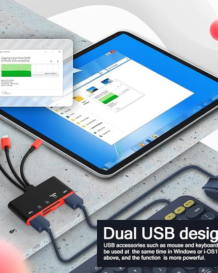 5-in-1 Memory Card Reader, USB OTG Adapter & SD Card Reader for i-Phone/i-Pad, USB C and USB A Devices with Micro SD & SD Card Slots, Supports SD/Micro SD/SDHC/SDXC/MMC(BlackRed)