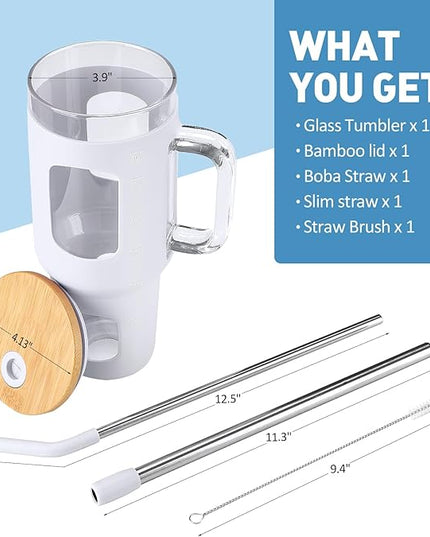 Glass Tumbler with Straw and Lid, 40 oz glass cup with handle, Glass Water Bottles with Time Marker, Silicone Protective Sleeve-White
