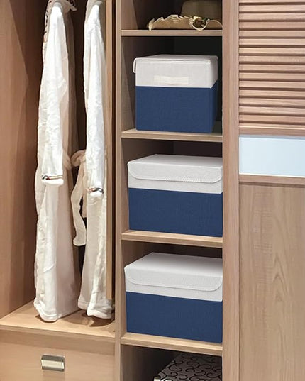 Large 17" 42 Quarts Collapsible Stackable Storage Bins with Lids [3-Pack] Foldable Fabric Linen Storage Boxes Cube, Closet Organizer Baskets with Label for Home (16.7 x 12 x 12", Navy Blue & White)