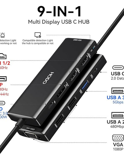 HODO USB C Docking Station Dual Monitor Adapter for Dell HP, Laptop Docking Station 3 Monitors Quad Display USB C Hub Dongle to 2 HDMI 4K,DP 8K, VGA,4 USB,PD, Adapter 9 in 1 Laptop Dongle