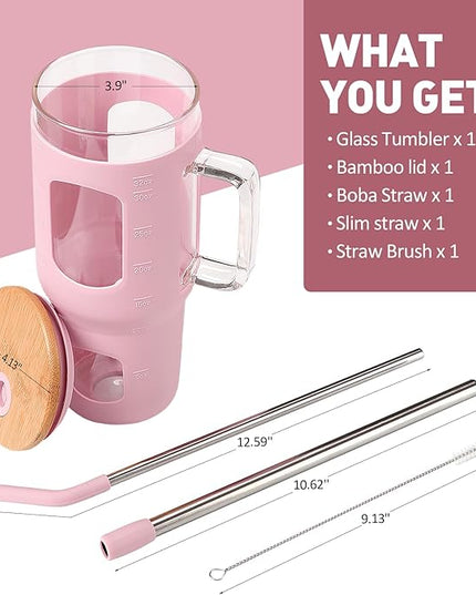 Glass Tumbler with Straw and Lid, 32 oz Glass Cup with Handle, Glass Water Bottles with Time Marker, 2 Straws - Pearl Straw & Drinking Straw Silicone Protective Sleeve-Pink