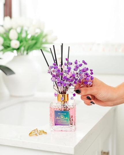 PEANÄK Lavender Reed Diffuser Set with Real Preserved Flowers - 6.7oz Long Lasting Essential Oil Scent for Home, Bathroom & Office Decor
