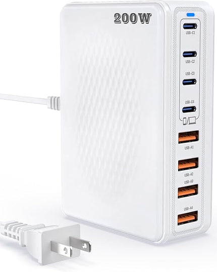200W GaN III 8-Ports USB C Fast Charger, Type C Block, QC4.0 Fast Phone Charging Station Hub PD 65W Charger Power Adapter for iPad/Air/Pro/iPhone 17/16 MacBook Pro/Air, Galaxy Phones, Tablet