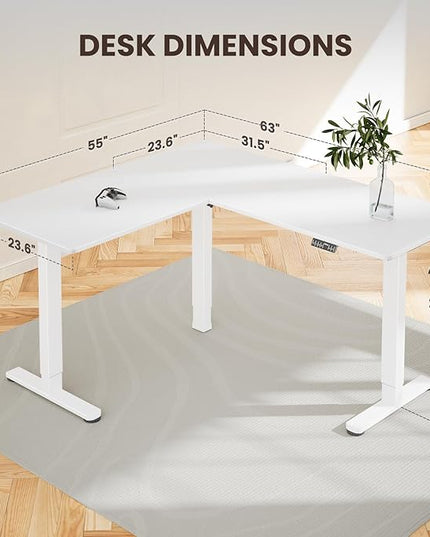 ErGear L Shaped Standing Desk, 63"x55" Electric Adjustable Height Sit Stand up Desk, Ergonomic Large Computer Table, Left & Right Interchangeable Installation, Suitable for Home Office, White
