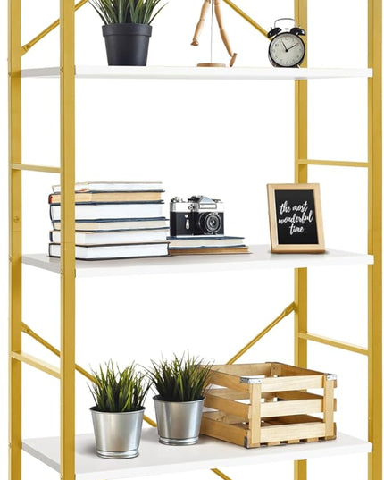 CAPHAUS 5 Tier Bookshelf, 24 Inch Width Free Standing Shelf, Bookcase Shelf Storage Organizer, Industrial Book Shelves for Home Office, Living Room, Kitchen, White Wooden Shelves & Gold Frame