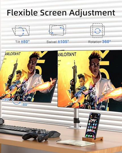 Suptek Dual Monitor Desk Mount, Adjustable Dual Monitor Arm for 2 Monitor Screens up to 42 inch, Extra Tall 15.75" Pole Monitor Stand for Desk, Holds up to 22 lbs,Silver(MD9442LS)