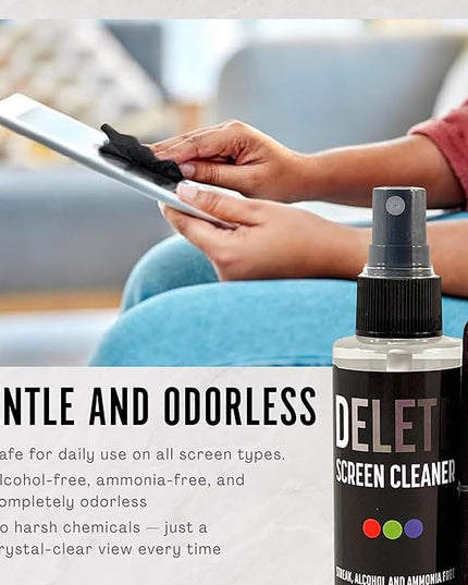 Delete Screen Cleaner Spray Kit, 4 Pack, 2oz Bottle and 12"x12" Microfiber Cleaning Cloth, Streak-Free, Safe and Gentle Formula, Multi-Purpose for Travel, Small TVs, Cameras, Laptops, Phones